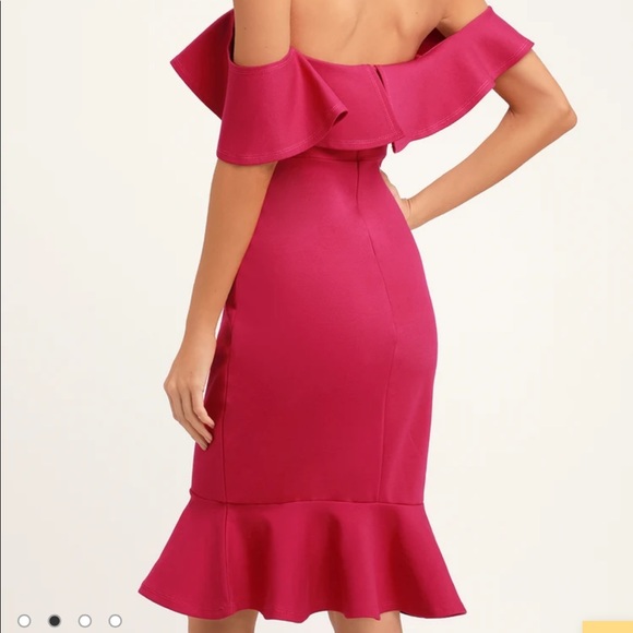 Lulus Magenta Off-the-Shoulder Bodycon Midi Dress - Picture 3 of 4